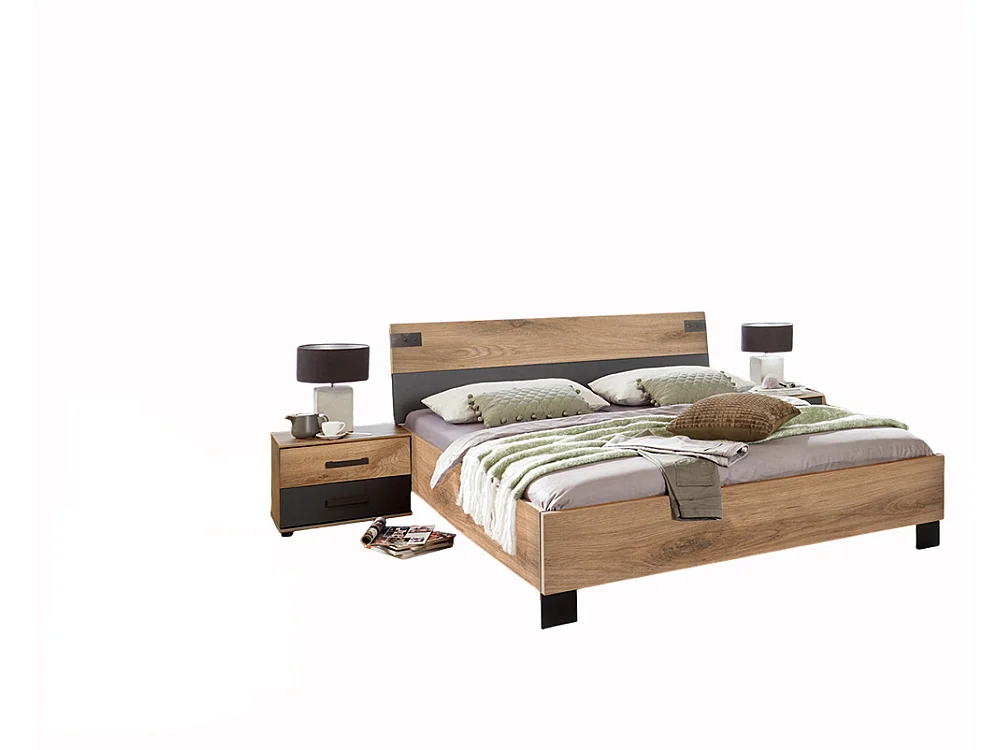 Lit adulte double + chevets coloris chêne foncé - L. 188 x P. 210 x H. 94 cm
