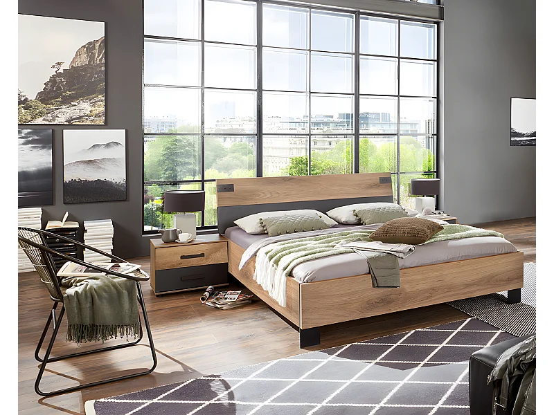 Lit adulte double + chevets coloris chêne foncé - L. 188 x P. 210 x H. 94 cm