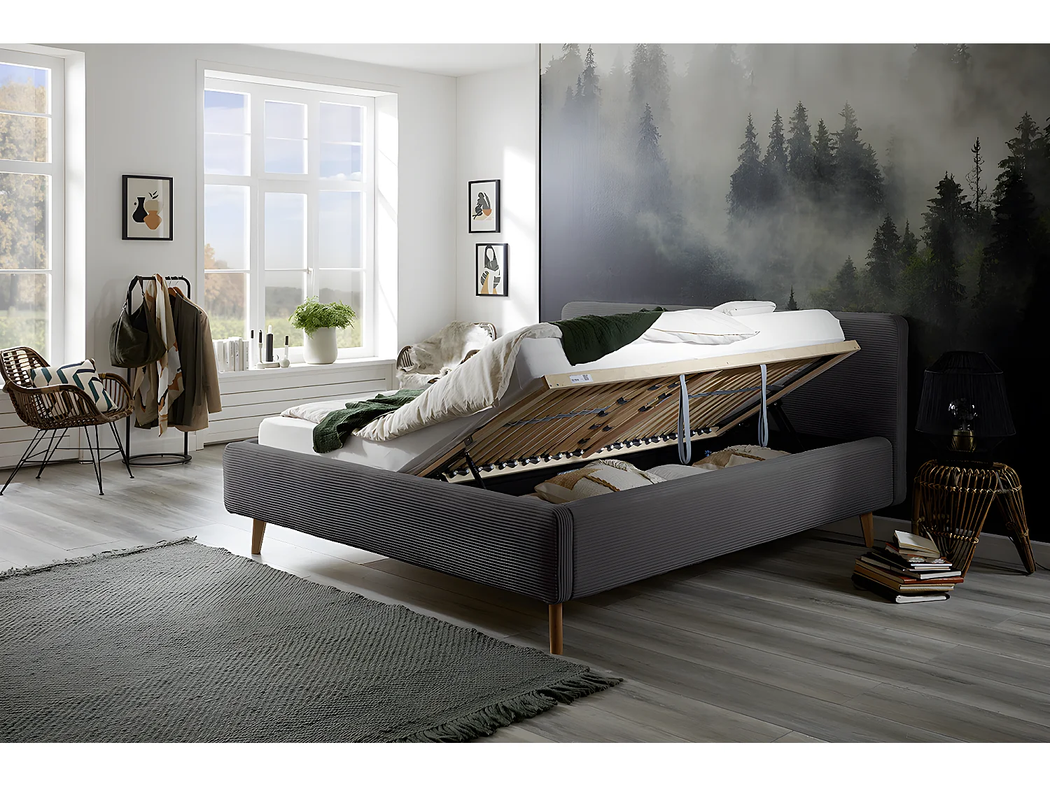 Lit rembourré adulte 180x200cm avec tête de lit en velours côtelé gris, sommier et coffre