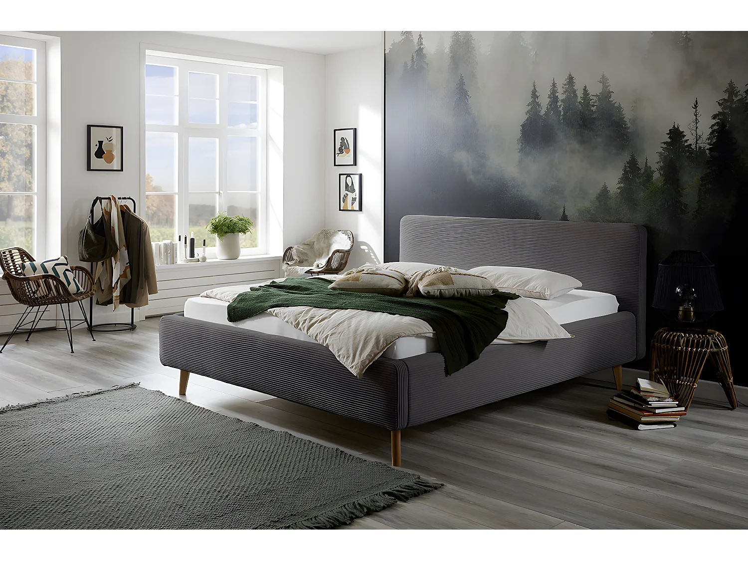 Lit rembourré adulte 180x200cm avec tête de lit en velours côtelé gris, sommier et coffre