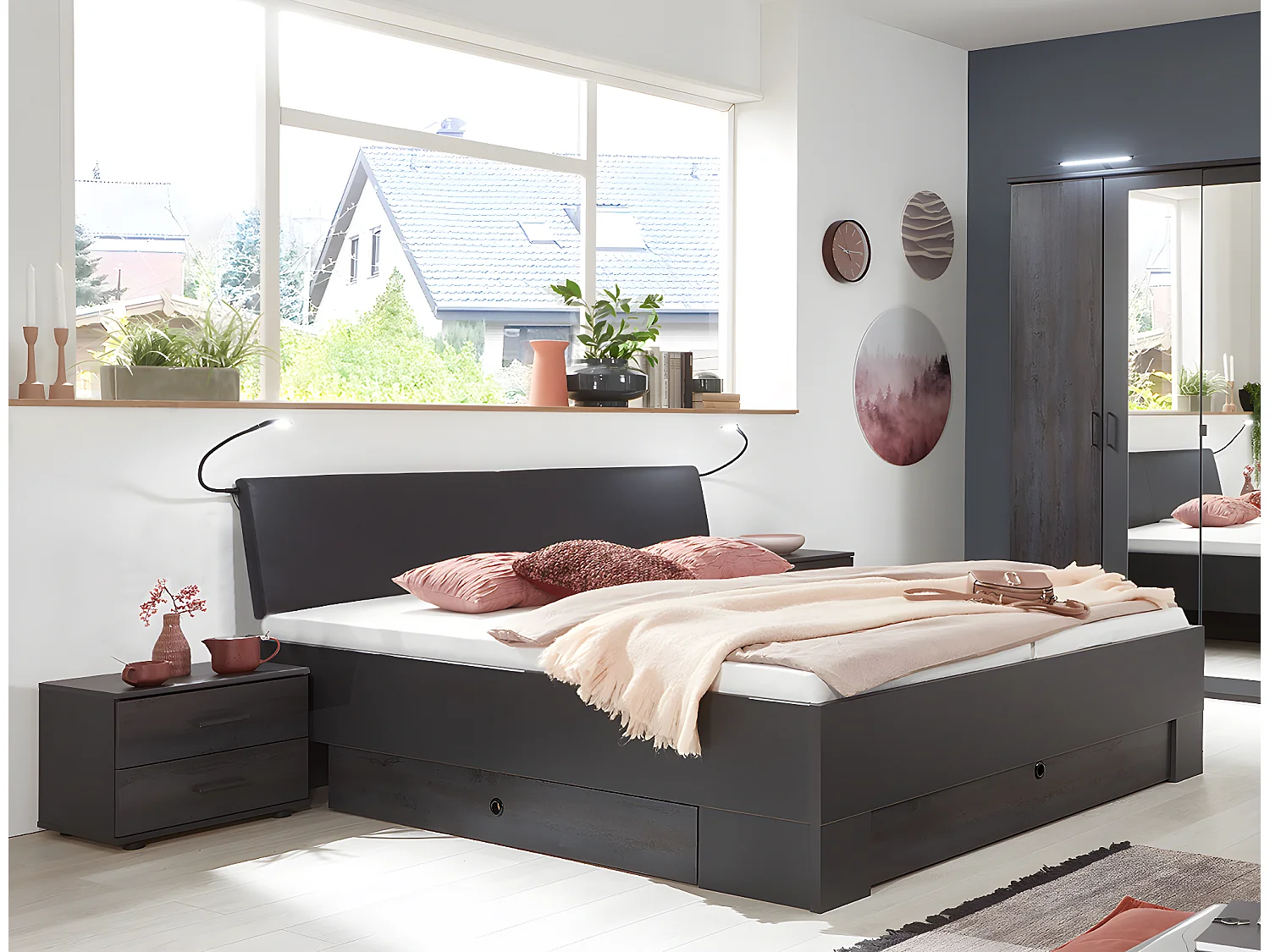 Lit adulte double 160x200 cm Queen Size + 2 chevets coloris gris foncé - L. 169 x P. 210 x H. 96 cm