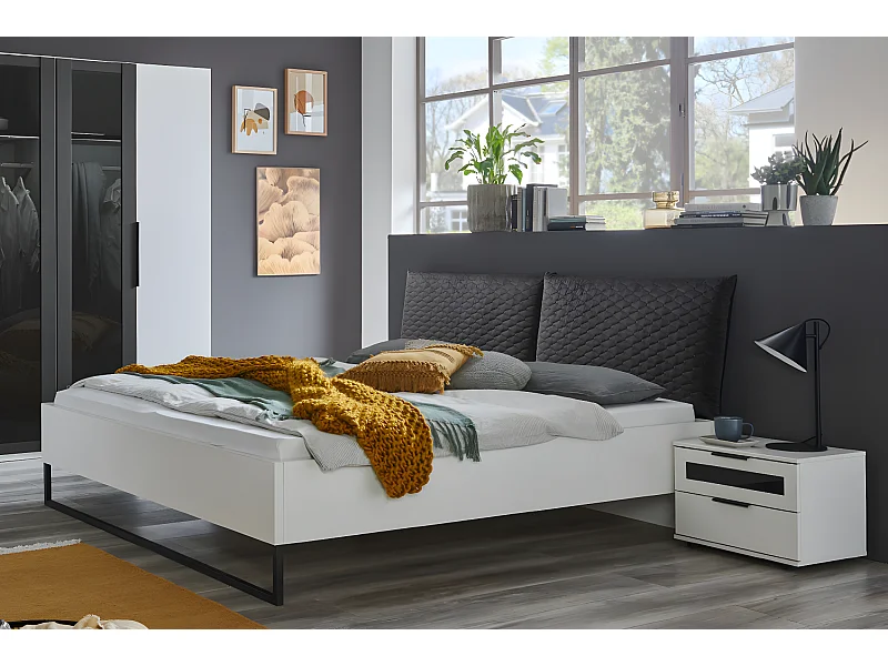 Ensemble de lit queen size + 2 chevets coloris Blanc, rechampis graphite - 160 x 200 cm