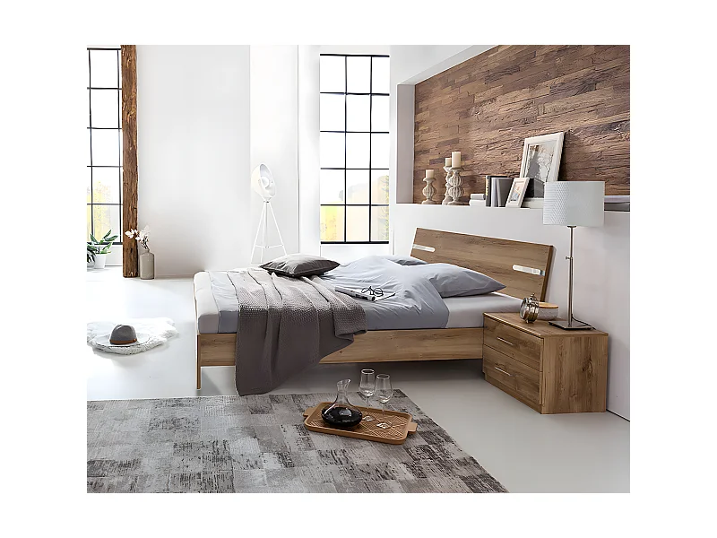 Lit adulte double 160 x 200cm + 2 chevets coloris imitation chêne poutre/chrome brillant