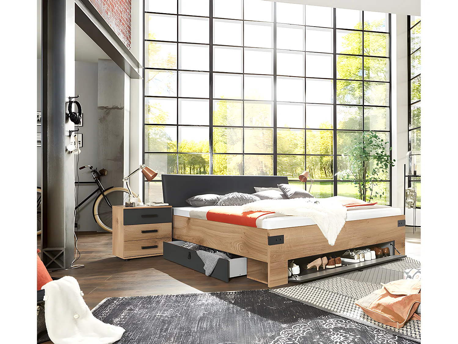 Lit adulte double Queen Size 160 x 200cm + 2 chevets coloris imitation chêne poutre/graphite