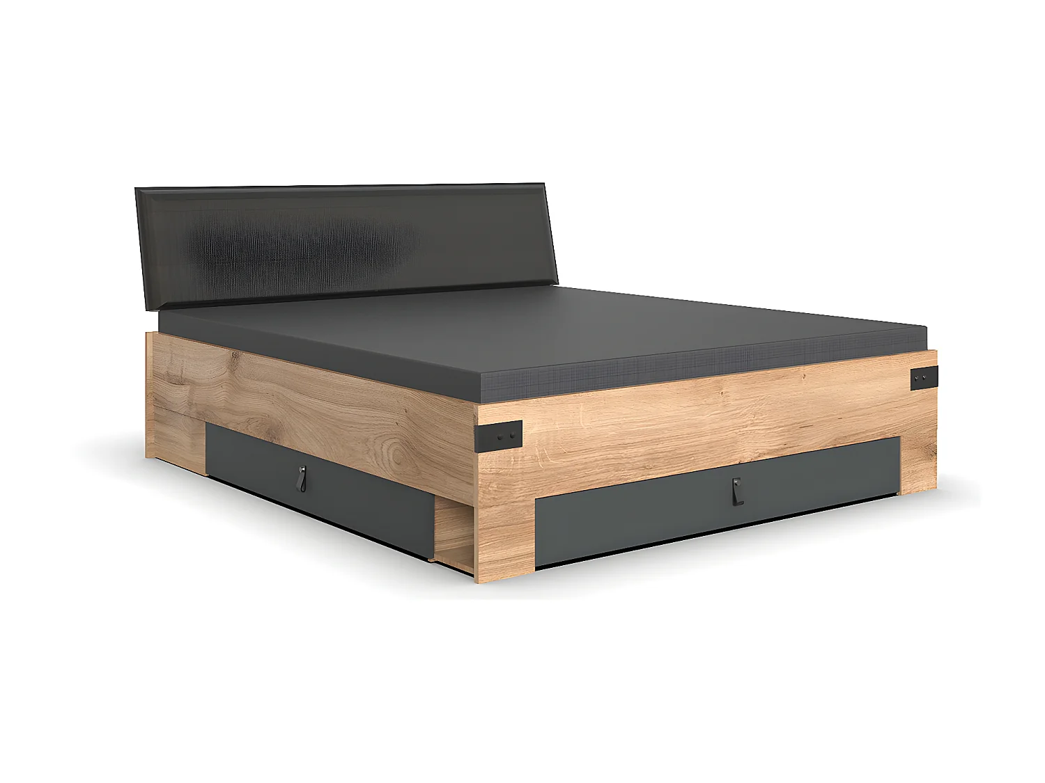 Lit adulte double Queen Size 160 x 200cm + 2 chevets coloris imitation chêne poutre/graphite