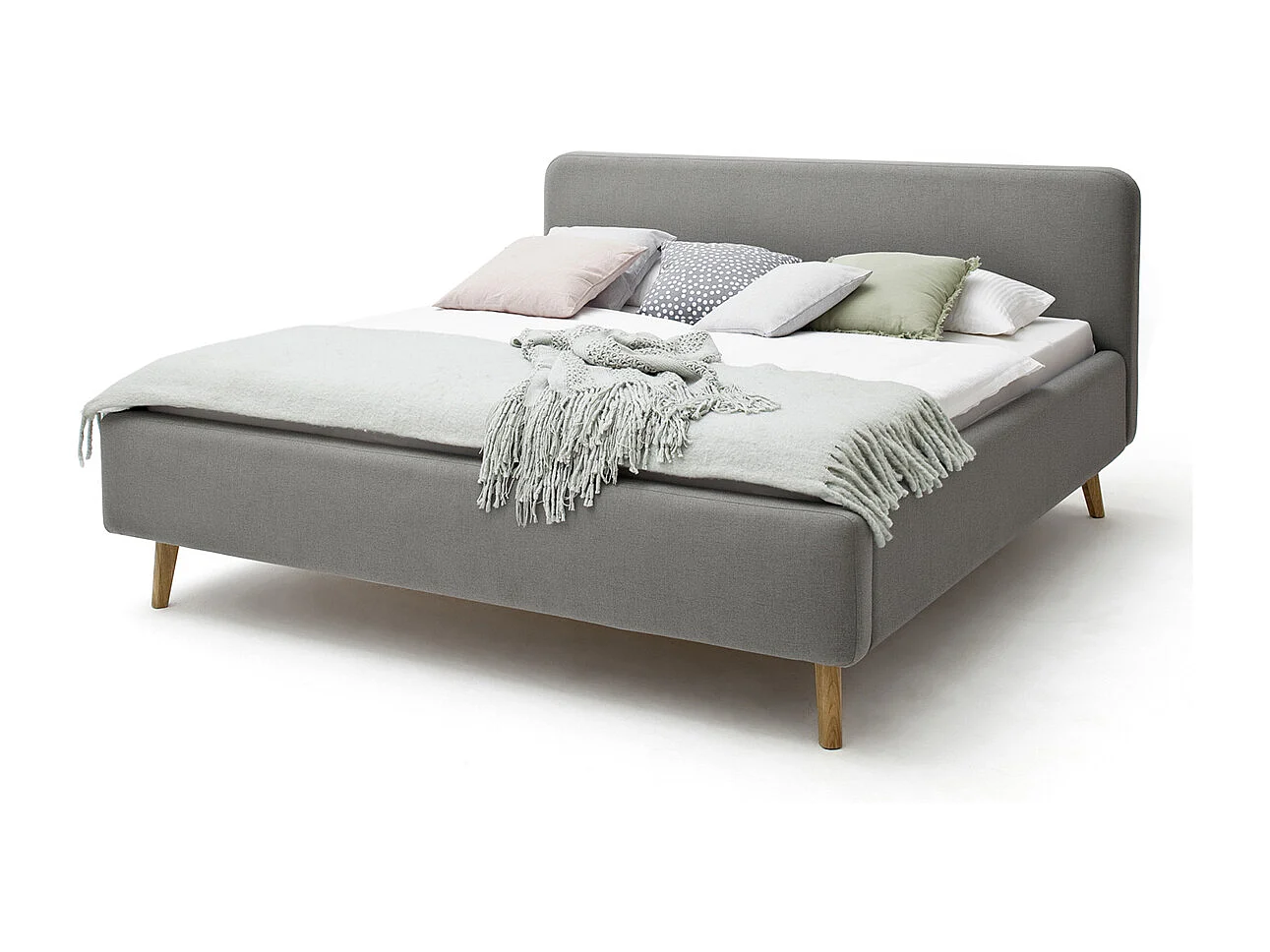 Lit rembourré adulte 180x200cm avec tête de lit en tissu gris clair-L. 200 x P. x 218 x H. 105cm