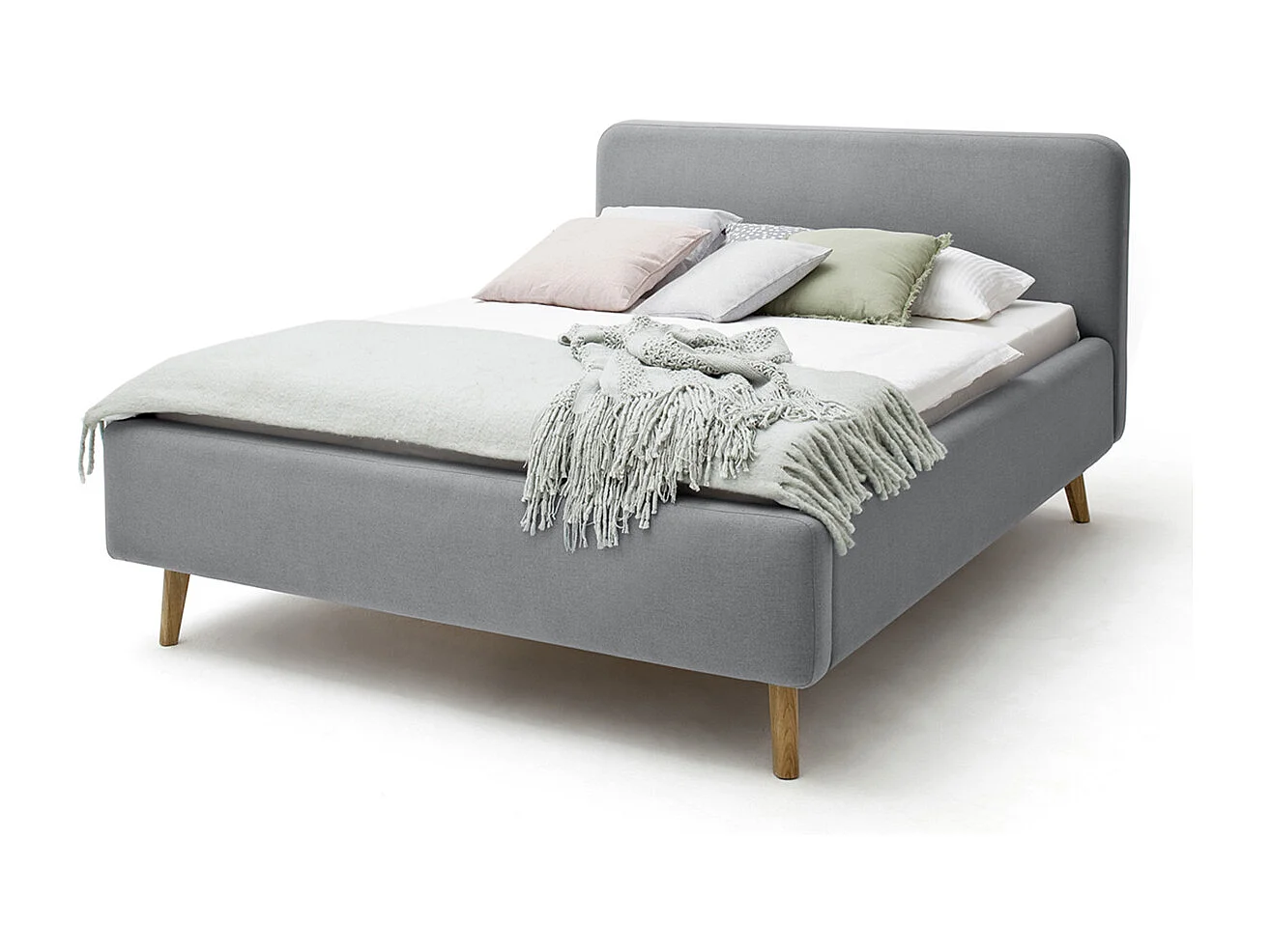 Lit rembourré adulte 180x200cm avec tête de lit en tissu gris clair-L. 200 x P. x 218 x H. 105cm