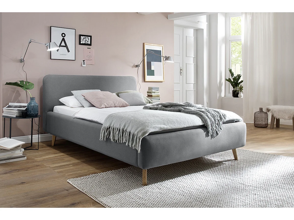 Lit rembourré adulte 180x200cm avec tête de lit en tissu gris clair-L. 200 x P. x 218 x H. 105cm