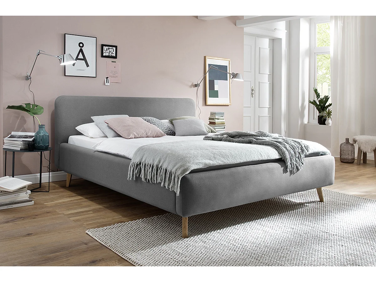 Lit rembourré adulte 180x200cm avec tête de lit en tissu gris clair-L. 200 x P. x 218 x H. 105cm