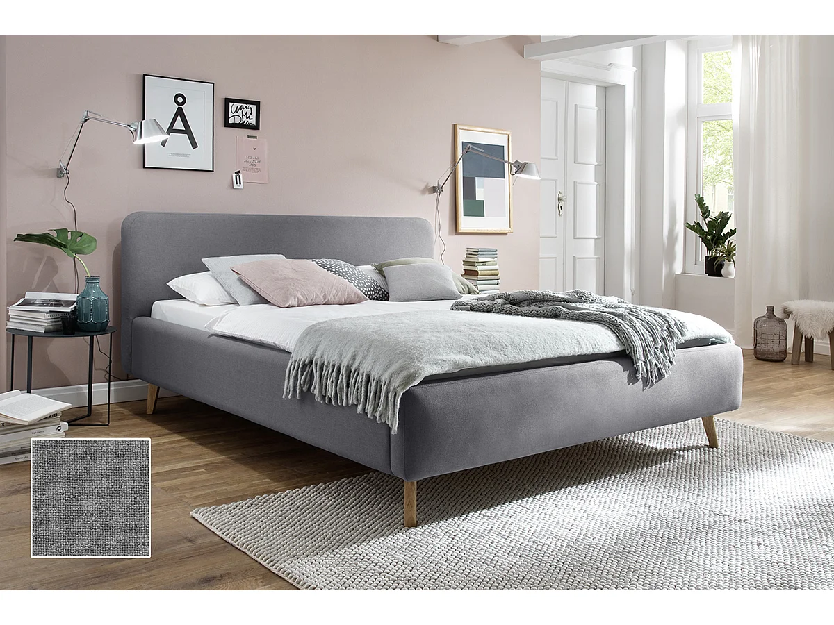 Lit rembourré adulte 180x200cm avec tête de lit en tissu gris clair-L. 200 x P. x 218 x H. 105cm