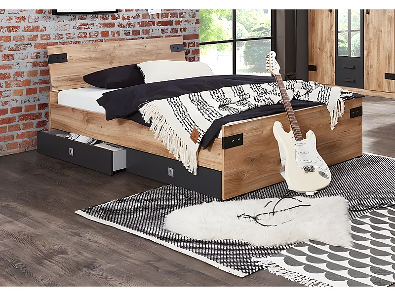 Lit imitation chêne poutre, rechampis graphite - 90 x 200 cm