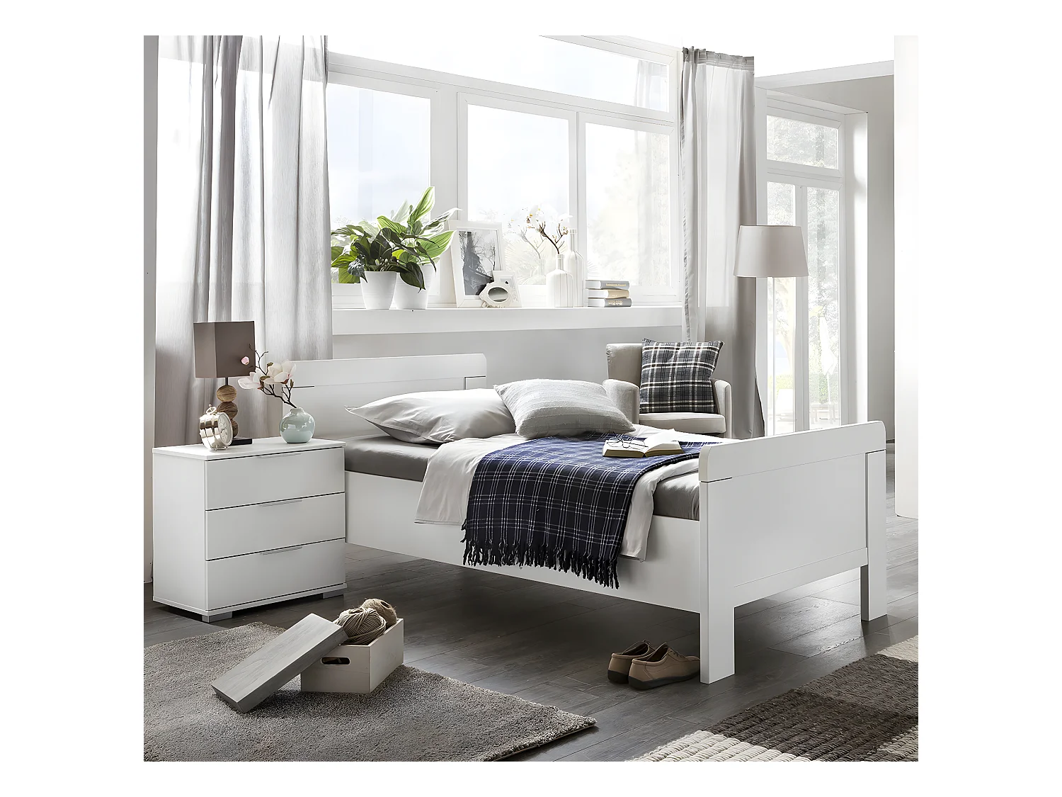 Lit enfant + chevet en panneaux de particules coloris blanc - Dim : 90 x 200 cm