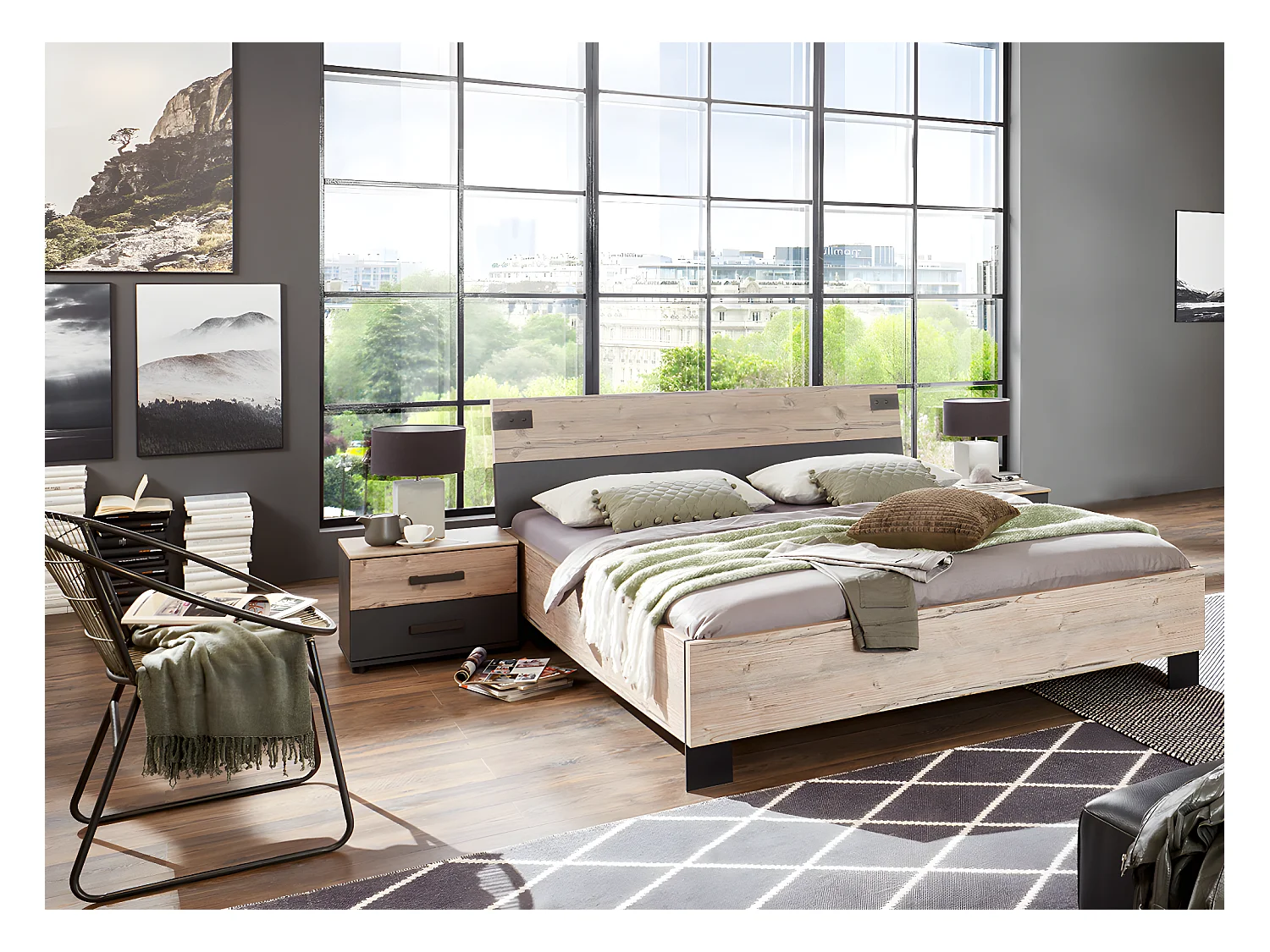Lit adulte double + chevets coloris chêne - Longueur 188 x Profondeur 210 x Hauteur 94 cm