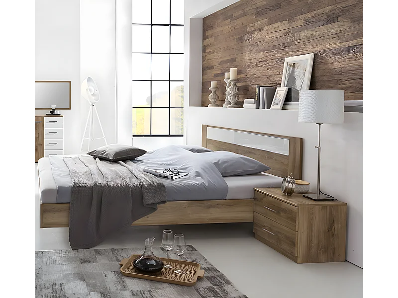 Lit adulte avec 2 chevets chêne poutre/blanc/chrome - Dim: 160 x 200 cm