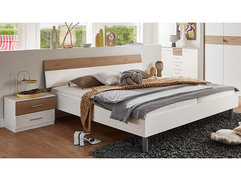 Lit adulte + 2 tables de chevet colois blanc, rechampis imitation chêne Hickory