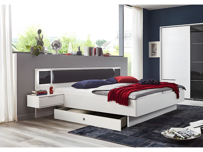 Lit adulte double 180x200 cm + 2 chevets + tiroir coloris blanc/graphite