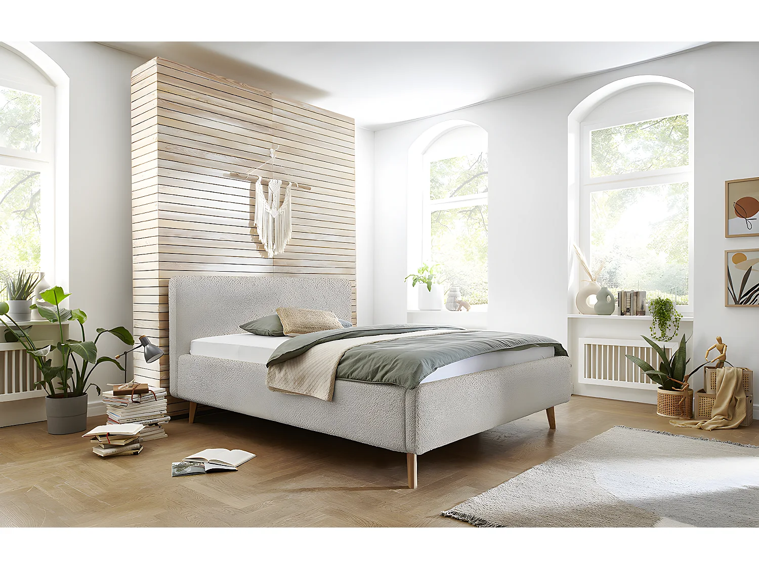 Lit rembourré adulte 140x200cm avec tête de lit en tissu beige-L. 160 x P. 218 x H. 105cm