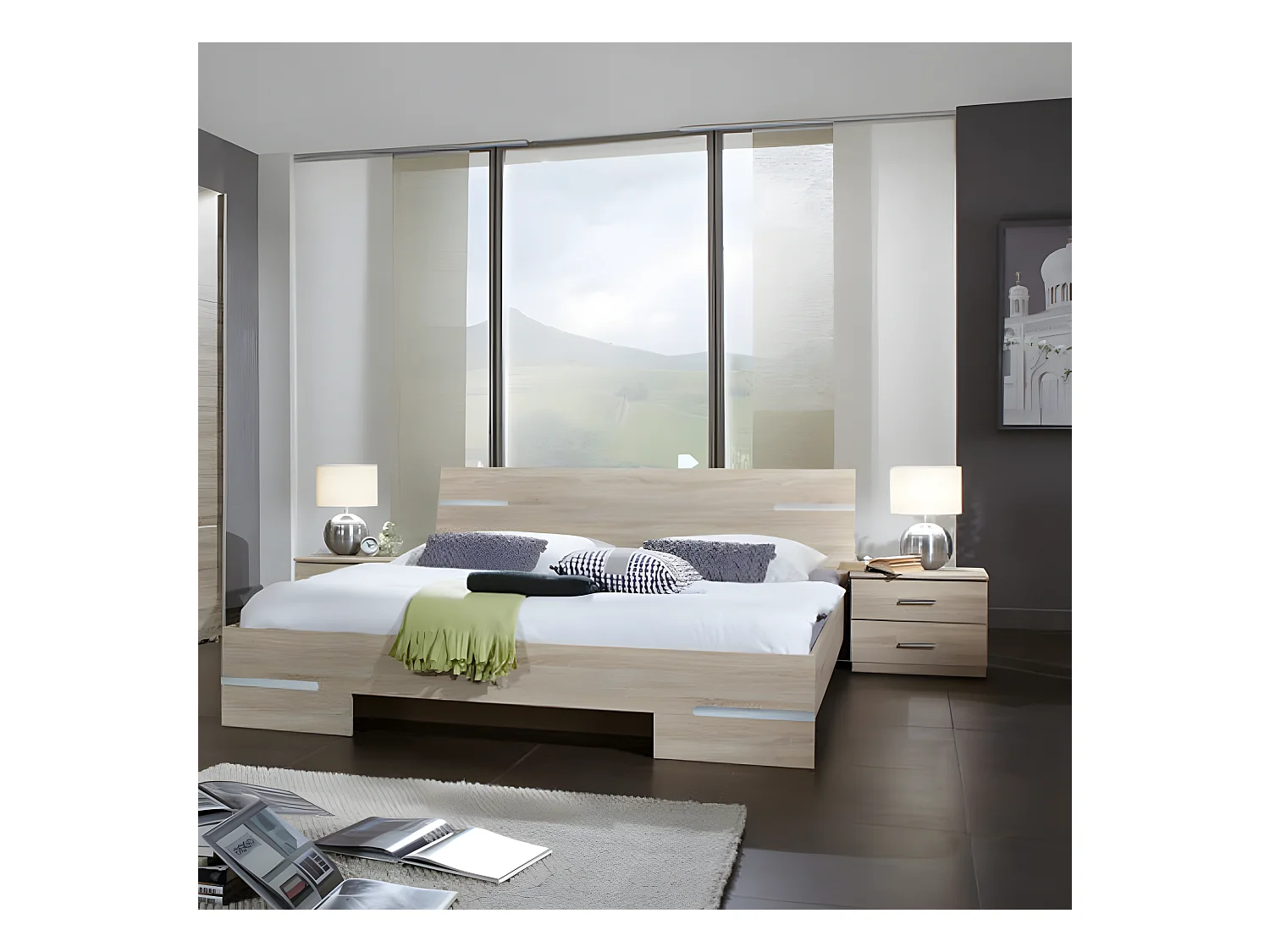 Lit adulte double + chevets coloris imitation chêne Artisan/chrome brillant