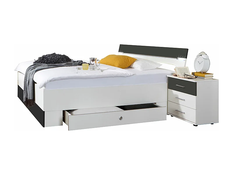 Lit adulte double 180x200 cm King Size + 2 chevets + 2 tiroirs coloris Blanc / anthracite