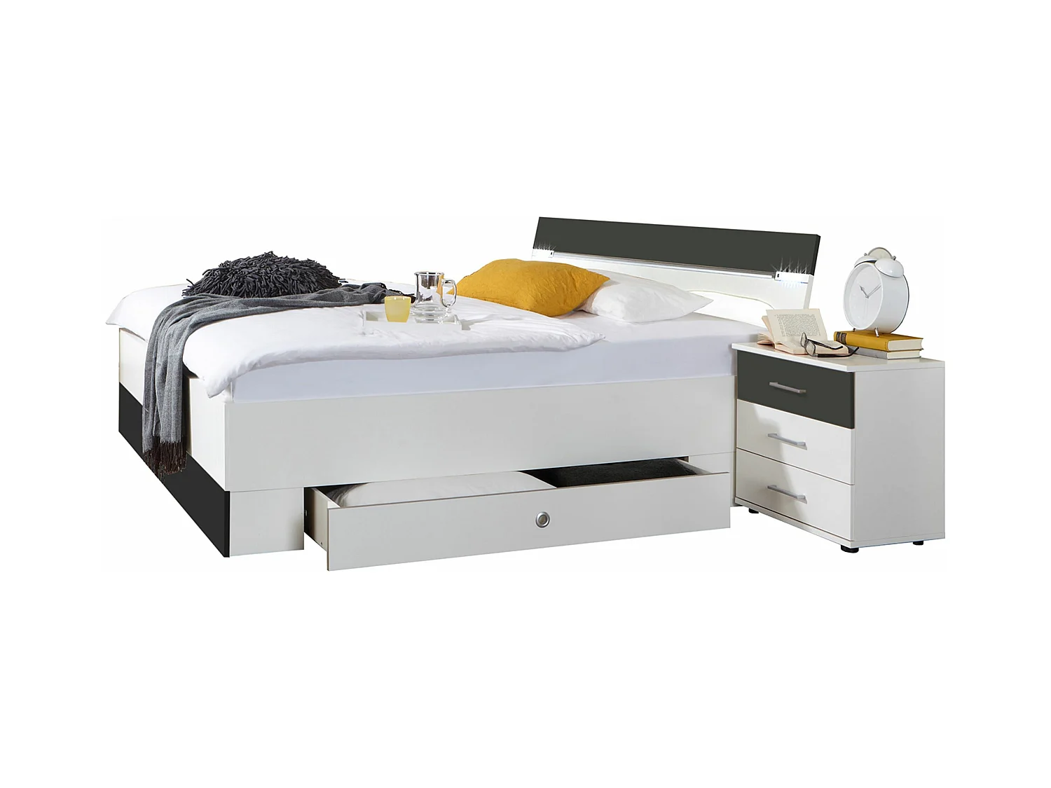 Lit adulte double 180x200 cm King Size + 2 chevets + 2 tiroirs coloris Blanc / anthracite