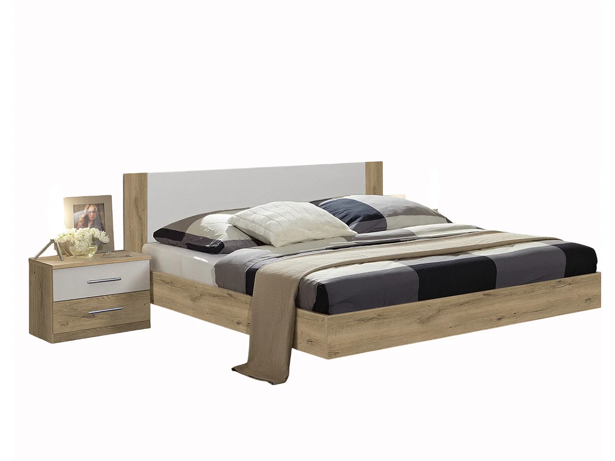 Lit adulte double + 2 chevets coloris imitation chêne poutre/blanc - L. 189 x P. 210 x H. 80 cm