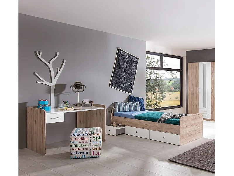 Lit enfant + bureau coloris Imitation chêne San Remo, rechampis blanc