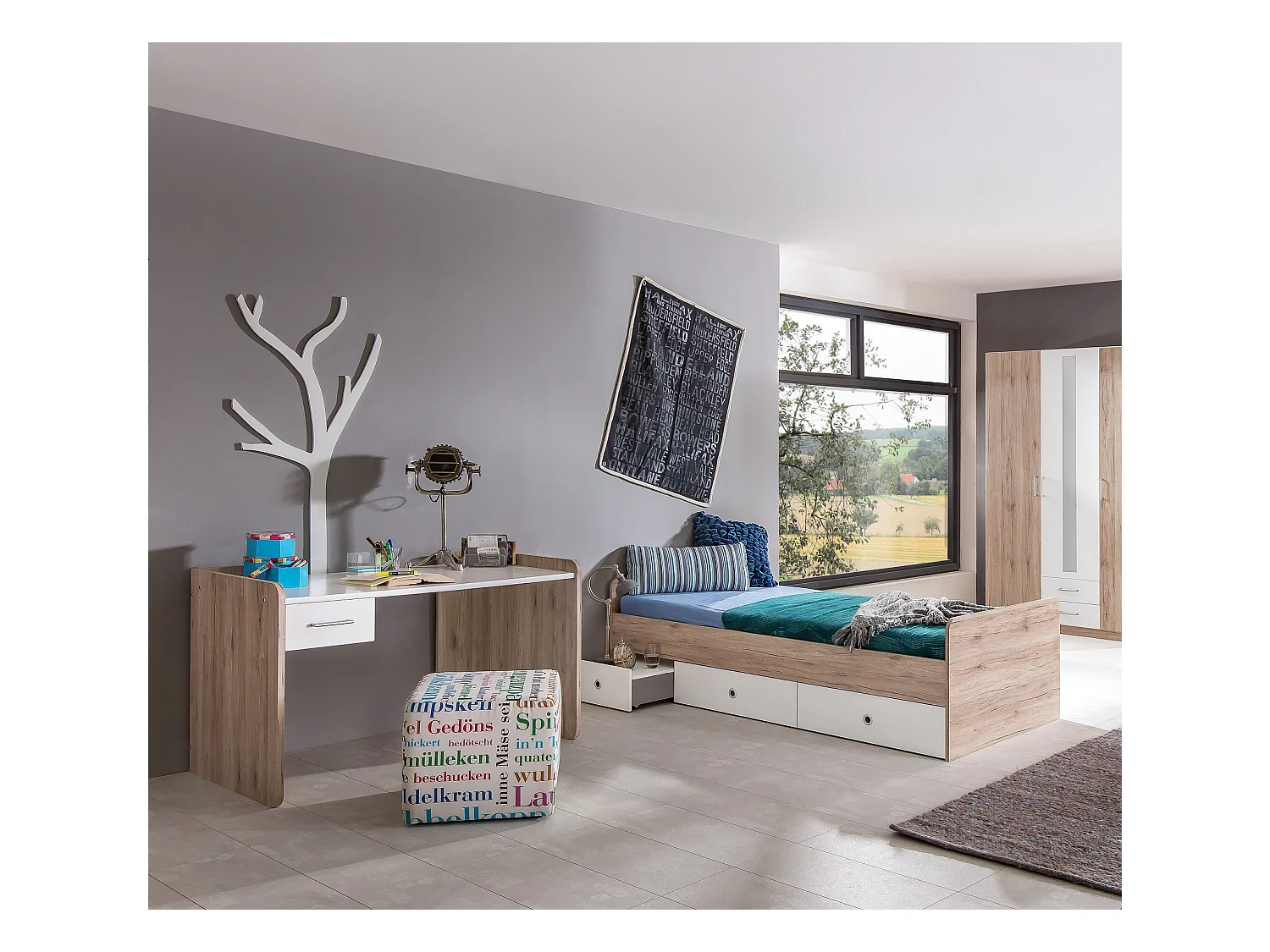 Lit enfant + bureau coloris Imitation chêne San Remo, rechampis blanc