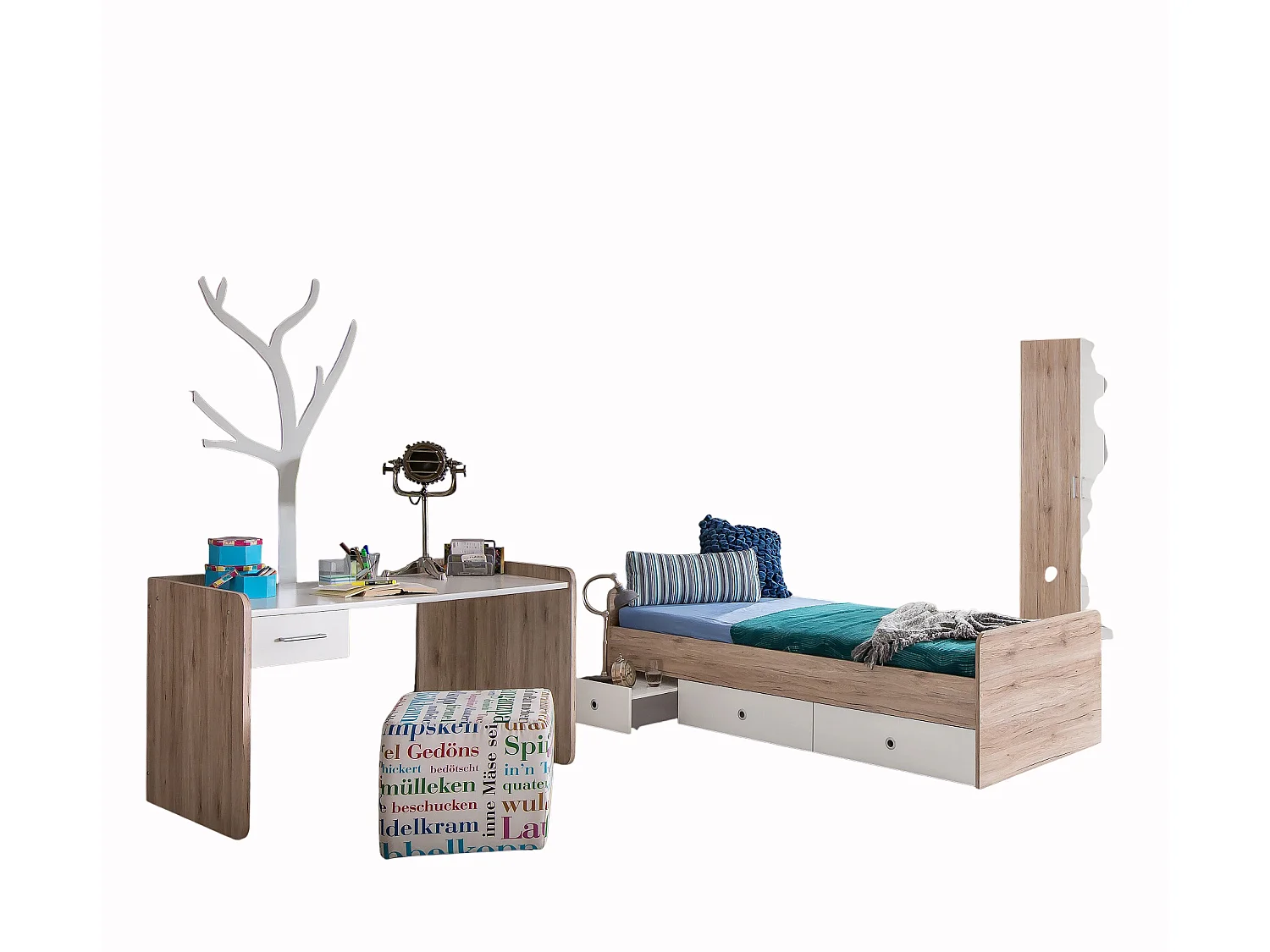 Lit enfant + bureau coloris Imitation chêne San Remo, rechampis blanc