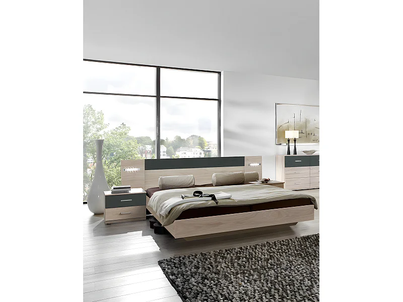 Ensemble Lit adulte avec LED et 2 chevets coloris Imitation chêne Hickory, rechampis graphite - 140 x 200 cm