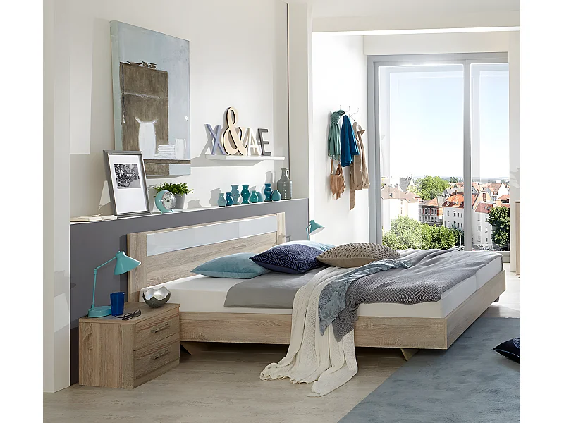 Lit adulte avec 2 chevets imitation chêne, rechampis verre blanc + chrome - Dim: 180 x 200 cm