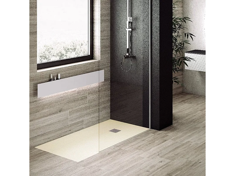 Receveur de douche 90 x 140 cm extra plat PURE en résine surface ardoisée beige Grille inox