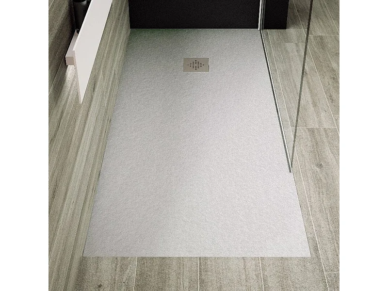 Mineralguss-Duschwanne extra flach PURE Schieferoptik grau 100x150 cm Edelstahl in chrom Ablaufschutz in Chrom
