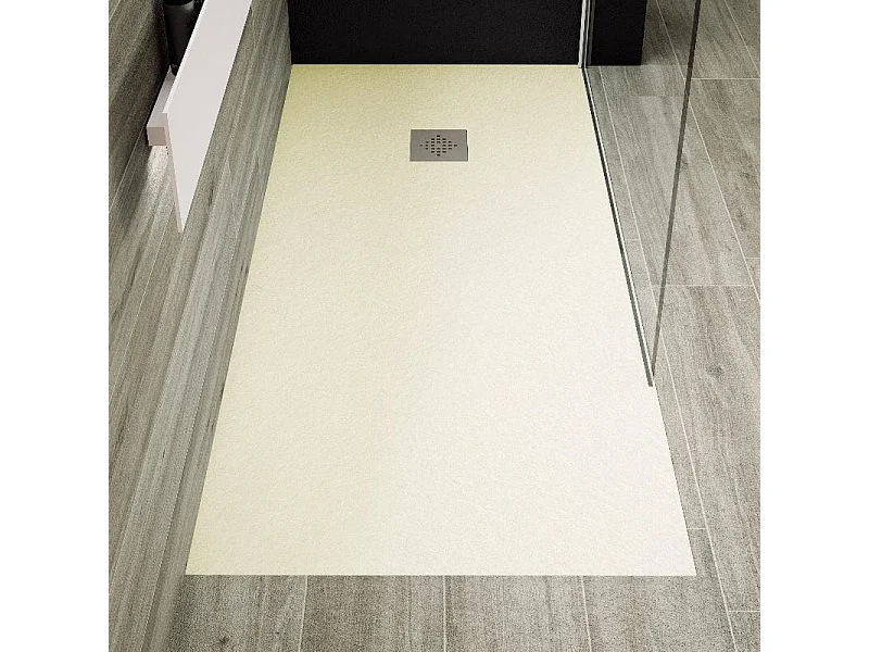 Mineralguss-Duschwanne extra flach PURE Schieferoptik beige 90x150 cm Edelstahl in chrom Ablaufschutz in Chrom