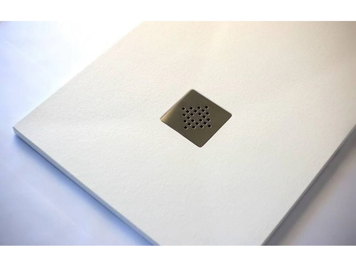 Receveur de douche 100 x 120 cm extra plat PURE en résine surface ardoisée blanc Grille inox
