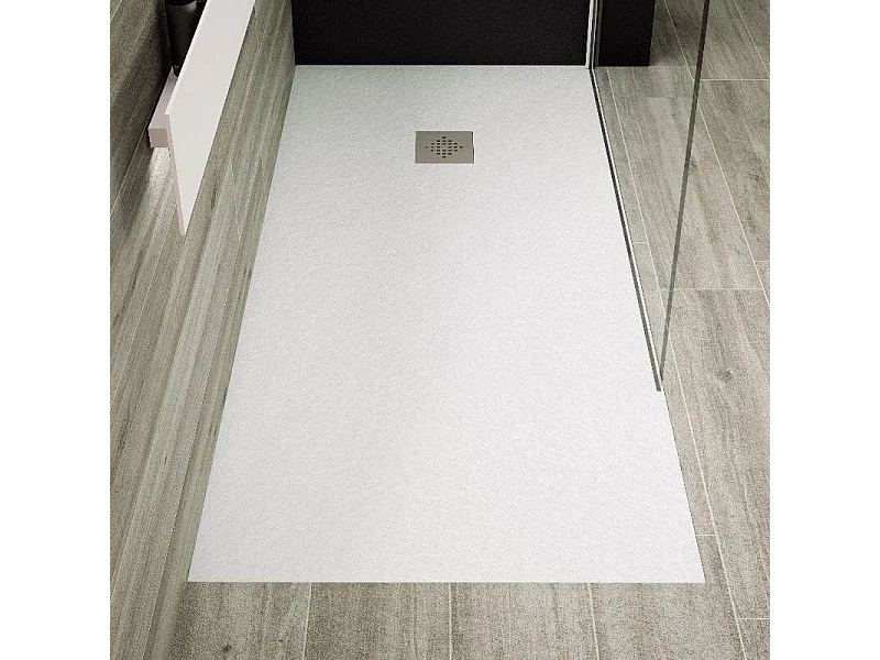Receveur de douche 100 x 130 cm extra plat PURE en résine surface ardoisée blanc Grille inox