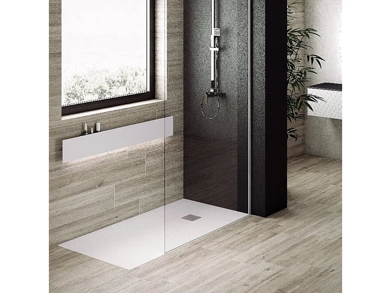 Mineralguss-Duschwanne extra flach PURE Schieferoptik weiß 90x90 cm Edelstahl in chrom Ablaufschutz in Chrom