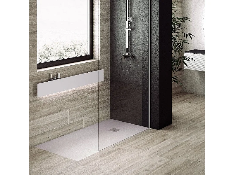 Receveur de douche 70 x 150 cm extra plat PURE en résine surface ardoisée gris Grille inox