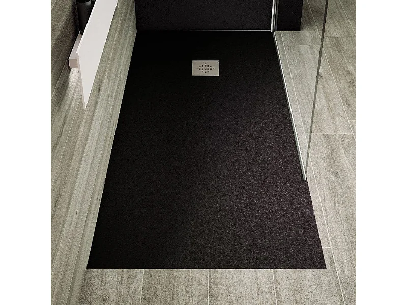 Mineralguss-Duschwanne extra flach PURE Schieferoptik schwarz 90x120 cm Edelstahl in chrom Ablaufschutz in Chrom