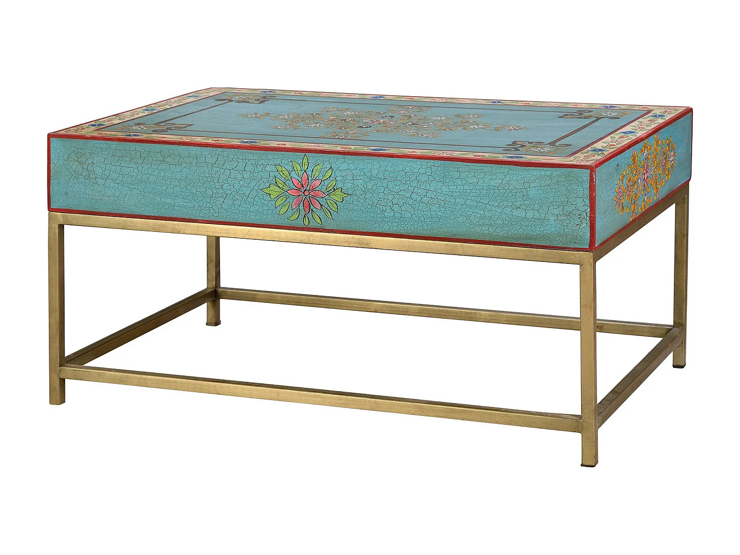 Table basse en manguier et pieds en métal doré et multicolore