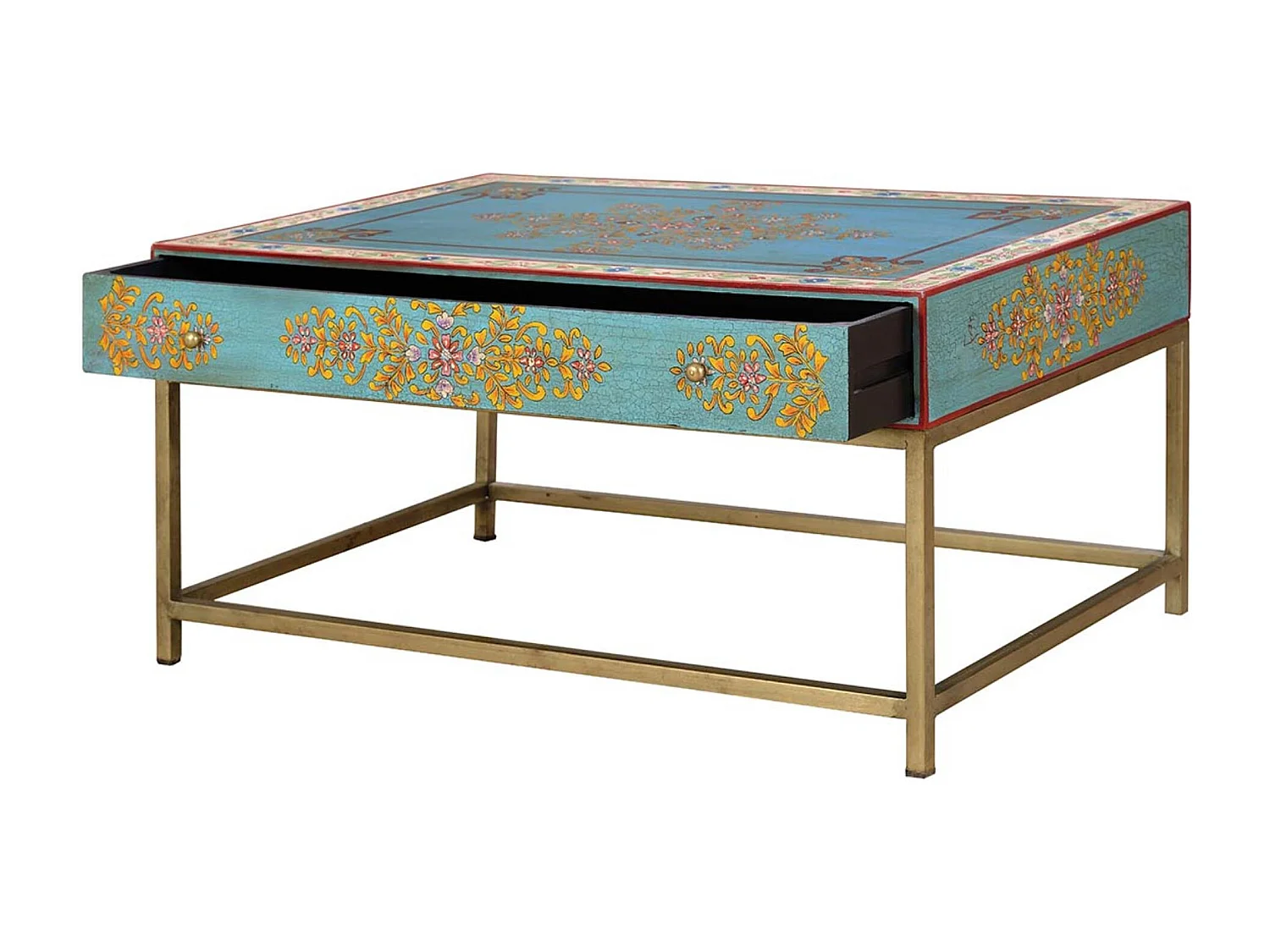 Table basse en manguier et pieds en métal doré et multicolore