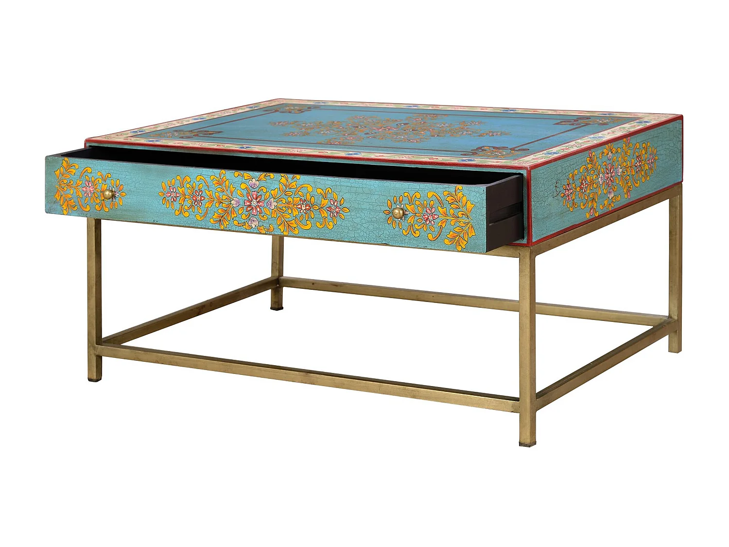 Table basse en manguier et pieds en métal doré et multicolore