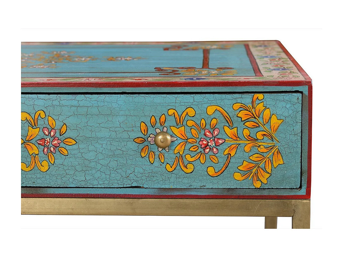 Table basse en manguier et pieds en métal doré et multicolore