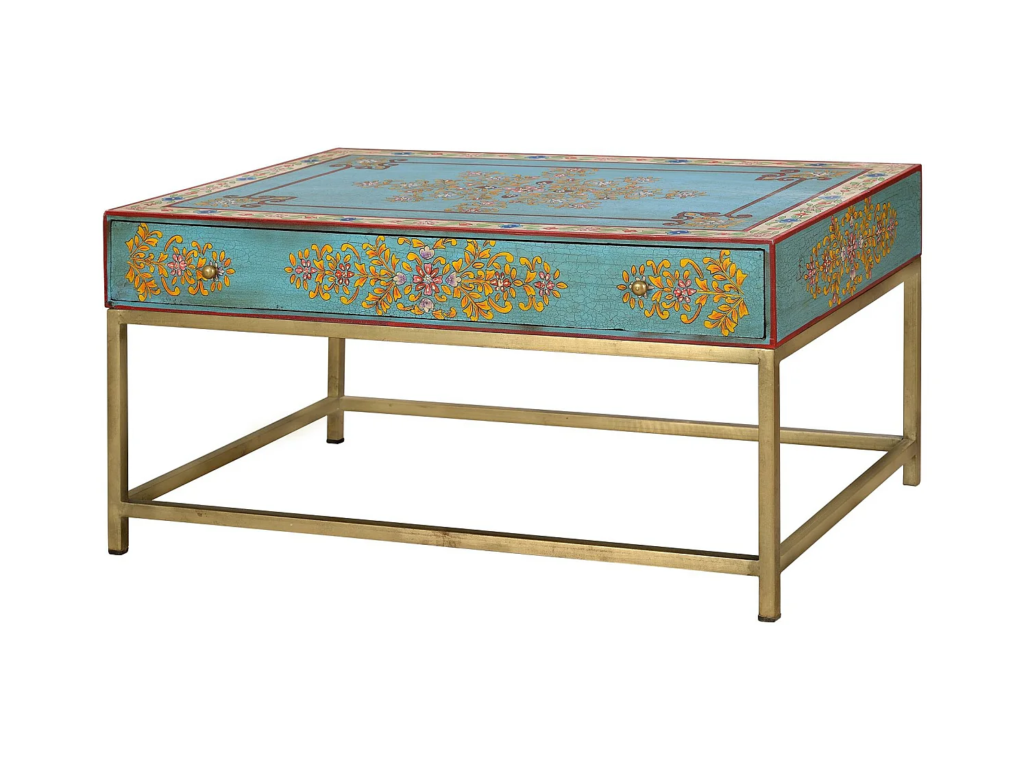Table basse en manguier et pieds en métal doré et multicolore