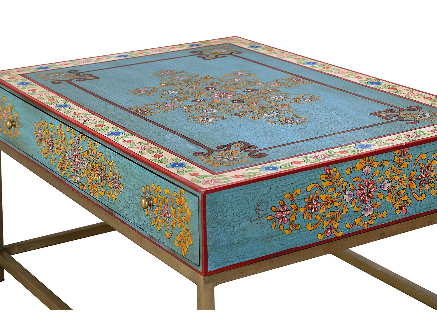 Table basse en manguier et pieds en métal doré et multicolore
