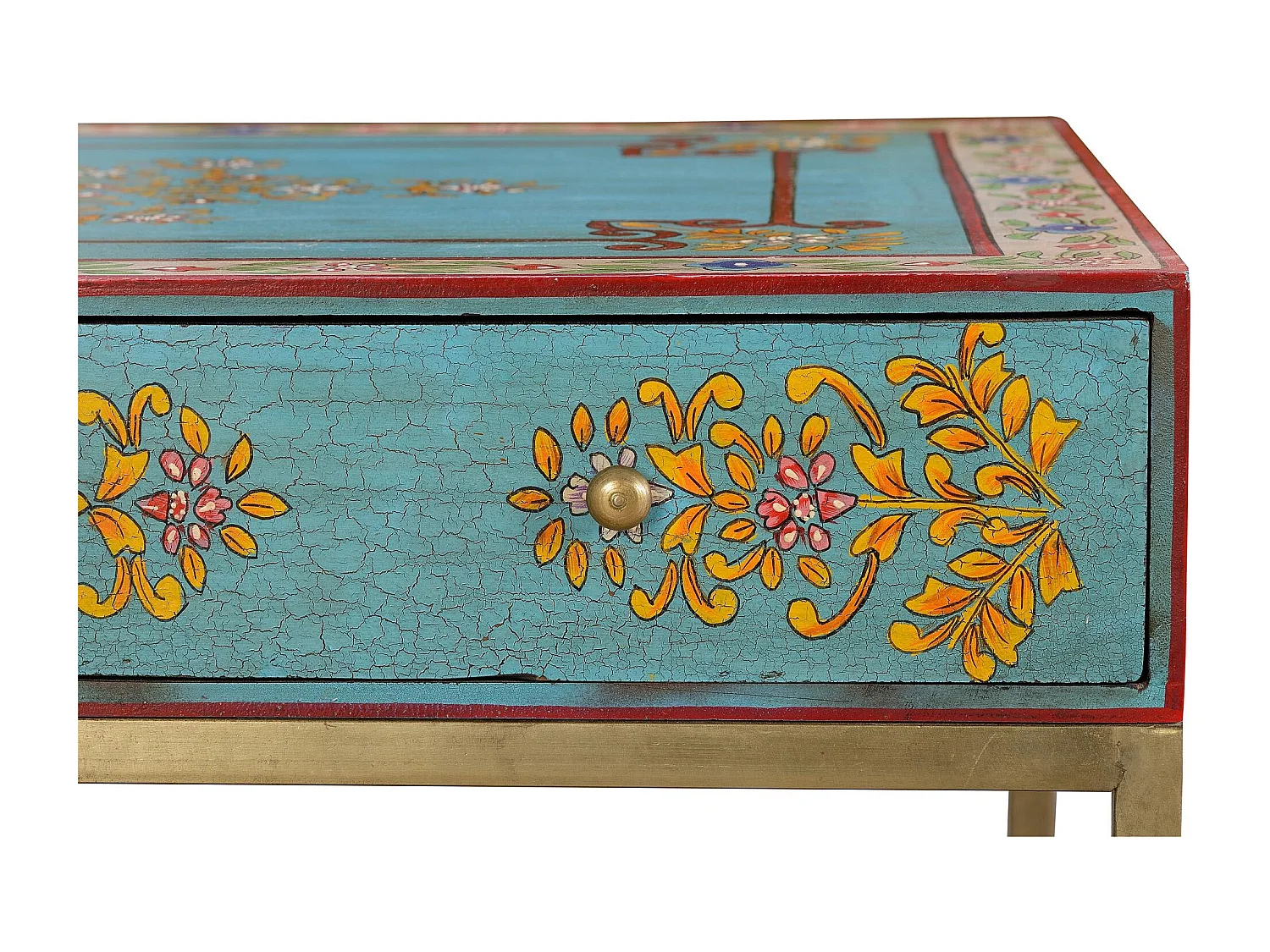 Table basse en manguier et pieds en métal doré et multicolore