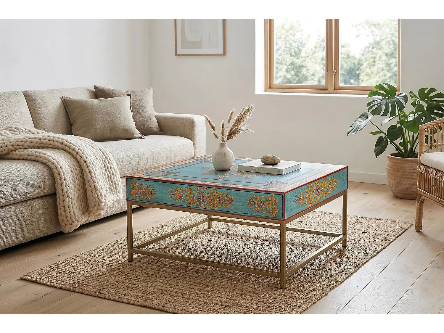 Tables basses en bois de manguier 90 cm, style ethnique - 46 x 90 x 60