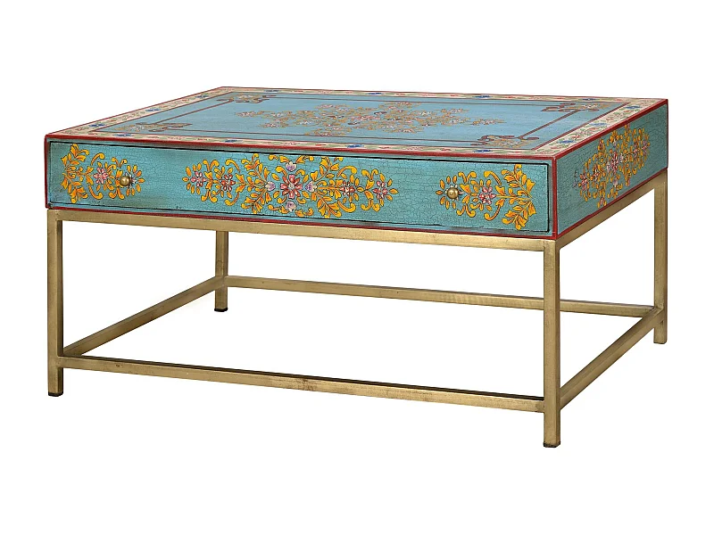 Mesa de café madera de mango y patas de metal dorado y multicolor