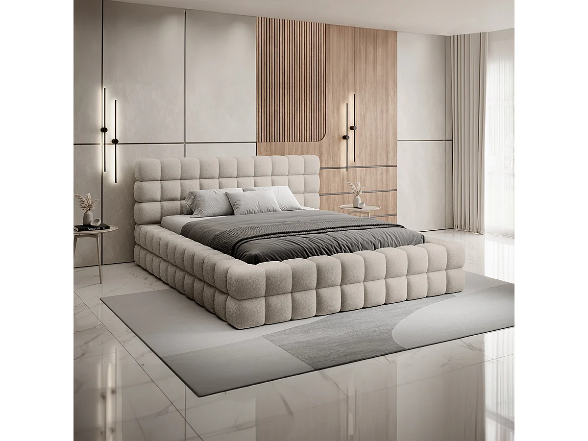 Lit coffre 180x200 sommier inclus Cloud tissu bouclette Beige