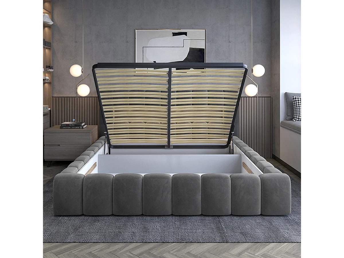Storage chest bed 180x200 box spring included Auria velvet fabric Grey