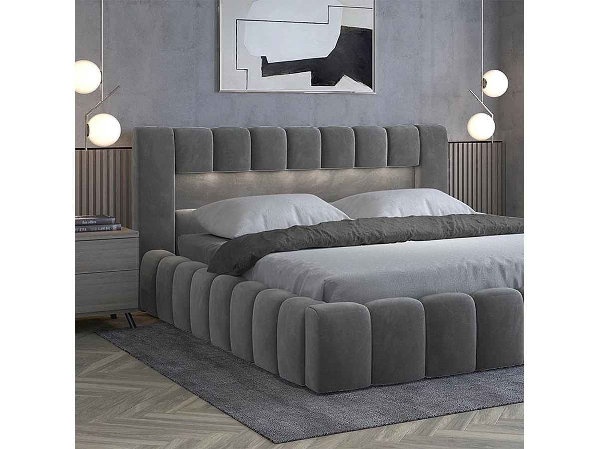Storage chest bed 160x200 box spring included Auria velvet fabric Grey